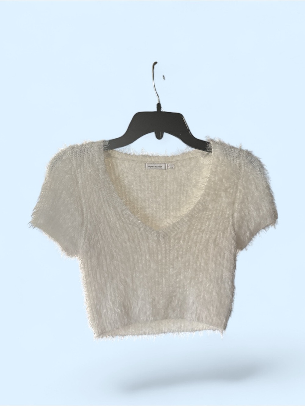 Skylar + Madison Cream Fuzzy V-Neck Crop Top
